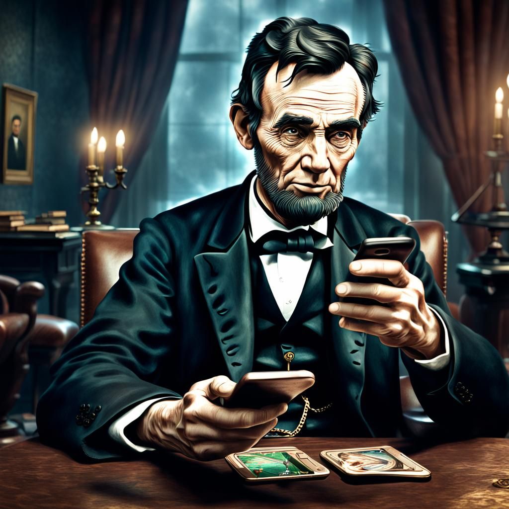 Abraham Lincoln Plays Games on Smartphone: Hyperrealistic