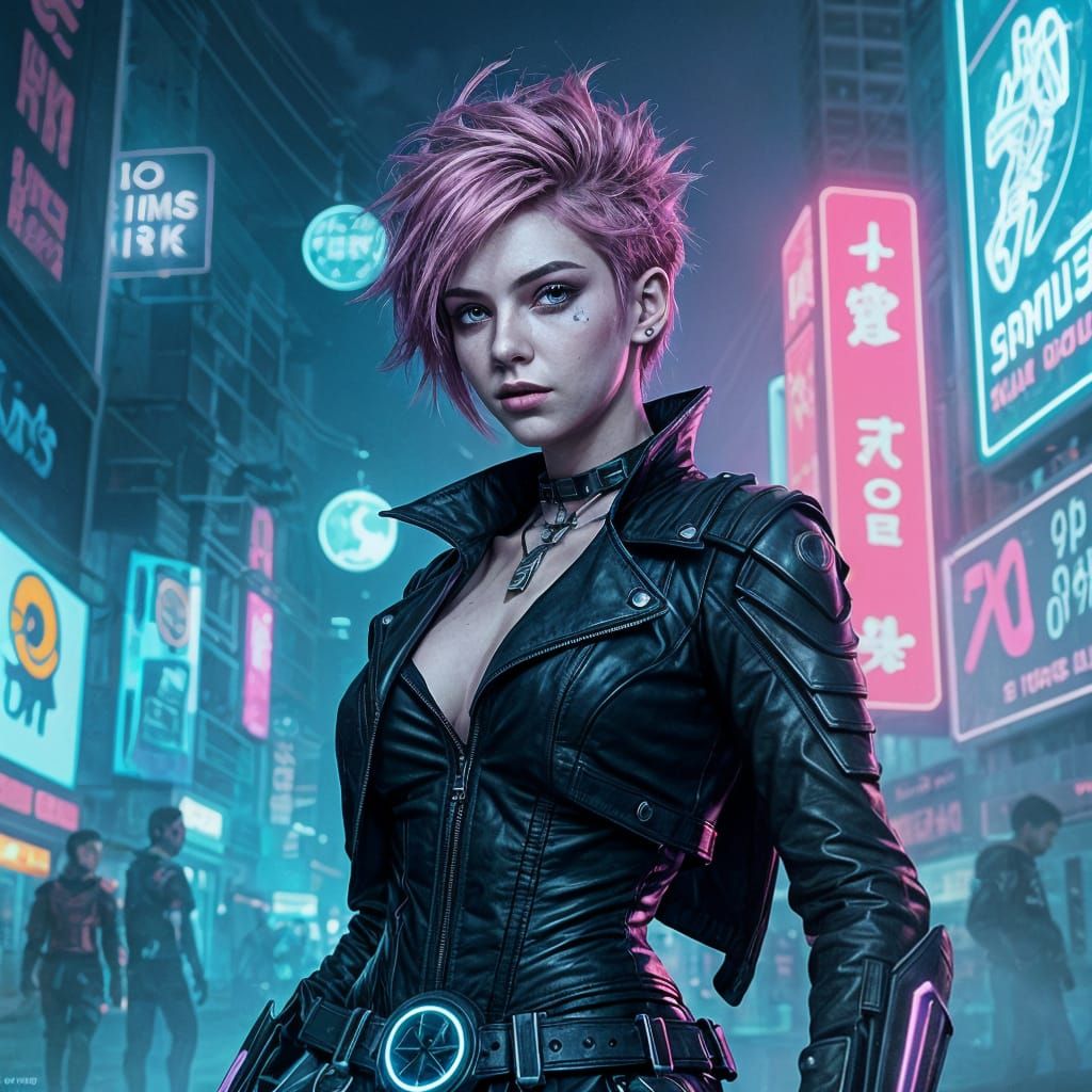 Cyberpunk Princess Stands Tall in Neon Cityscape