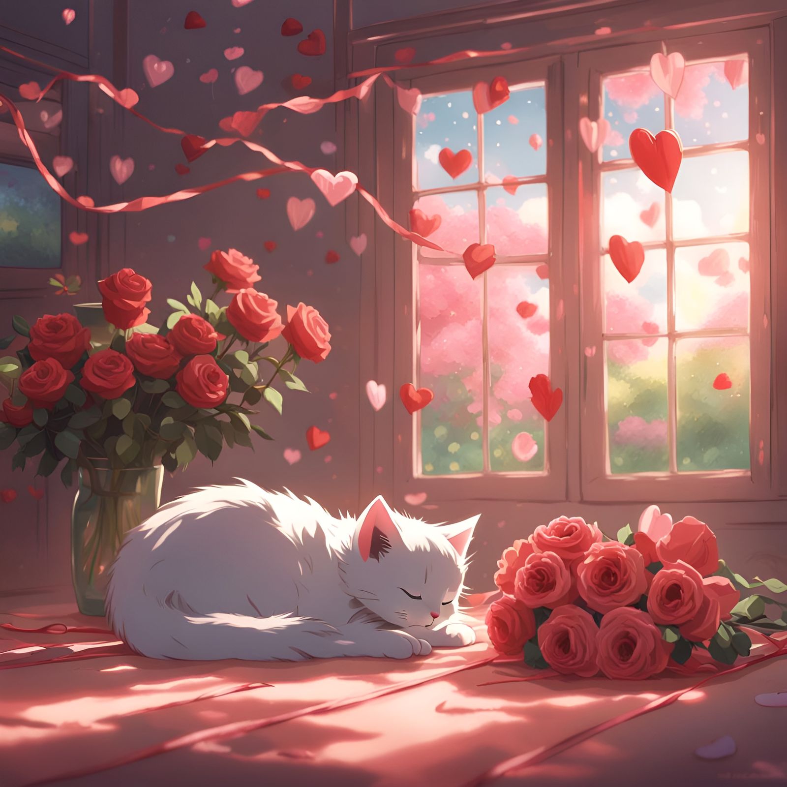 Kitten's Valentine's Nap: Studio Ghibli Anime Art