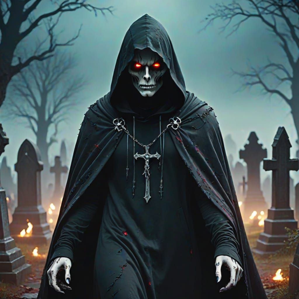 Eerie Cloaked Figure in Graveyard, Realistic 8K