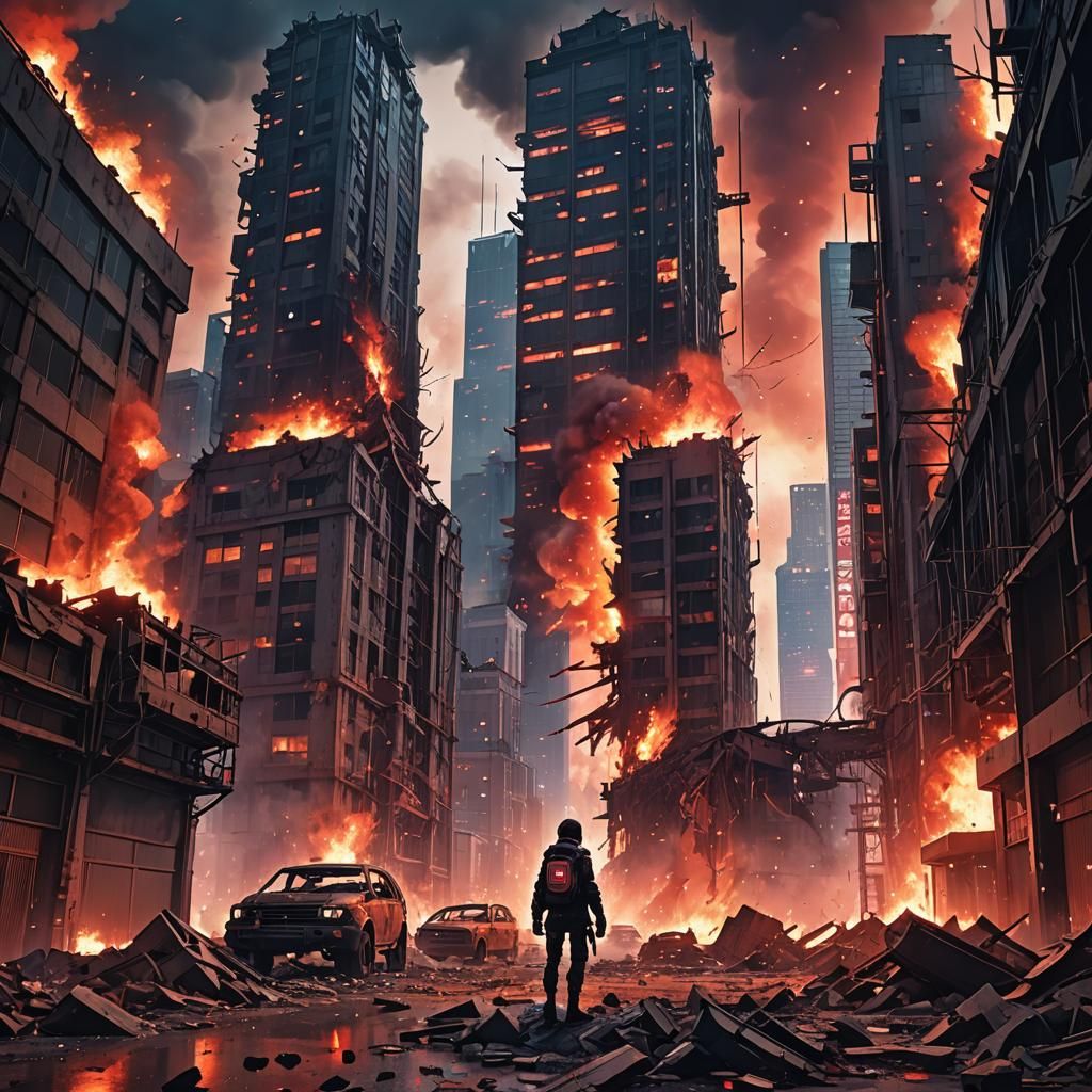 Dystopian Anime Cityscape in Ruins