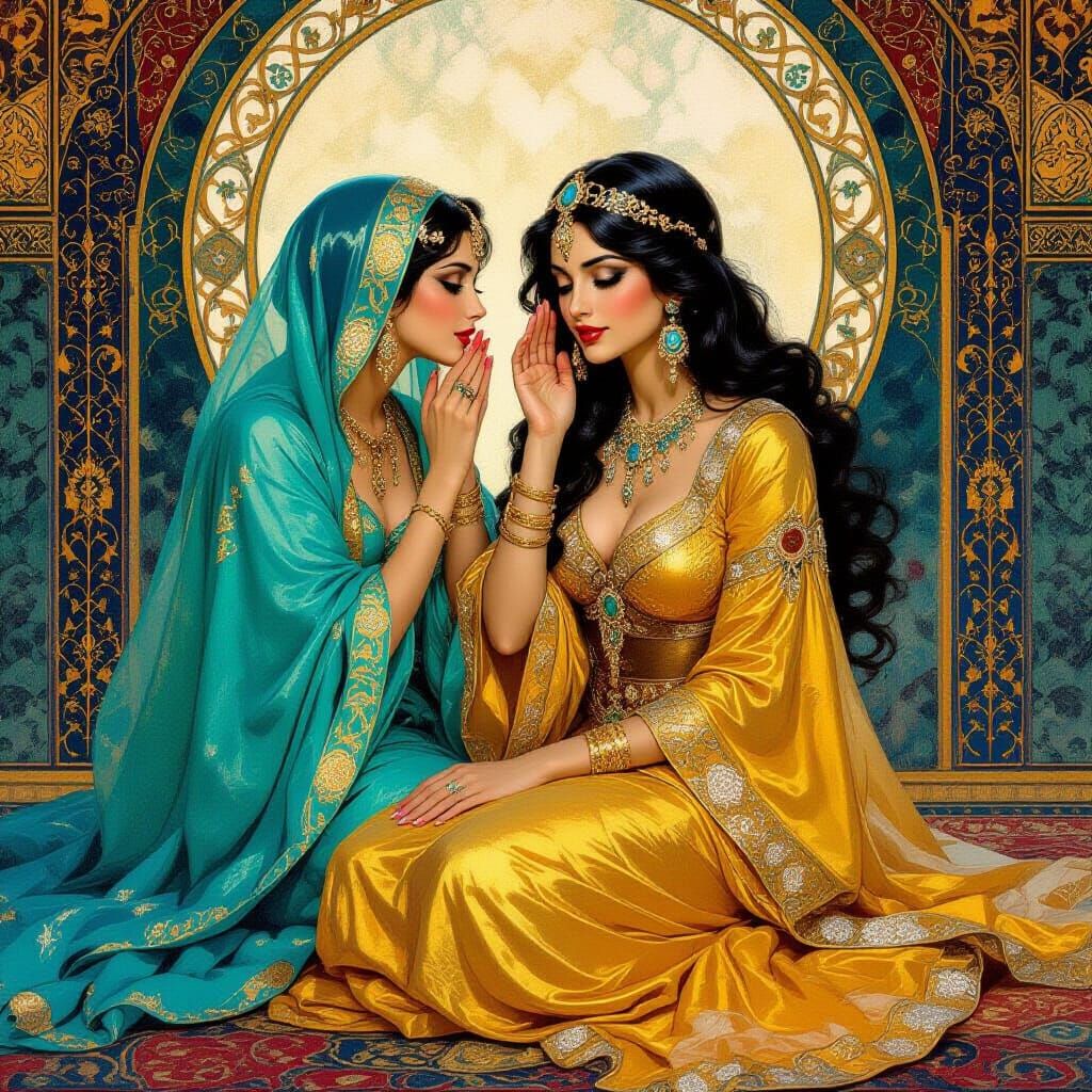 Arabian Princess with Genie, Fantasy Oil Painting