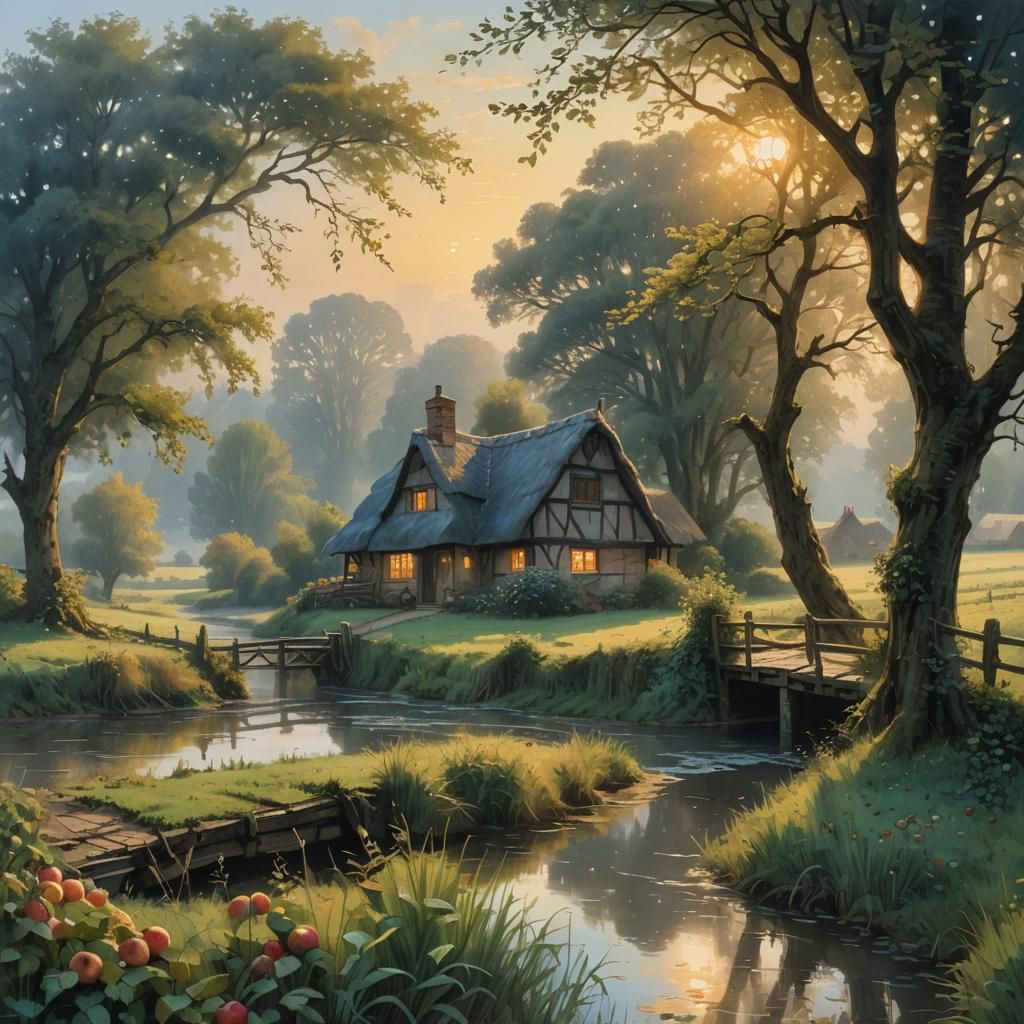 Misty Dawn Over Medieval Cottage and Grainfield