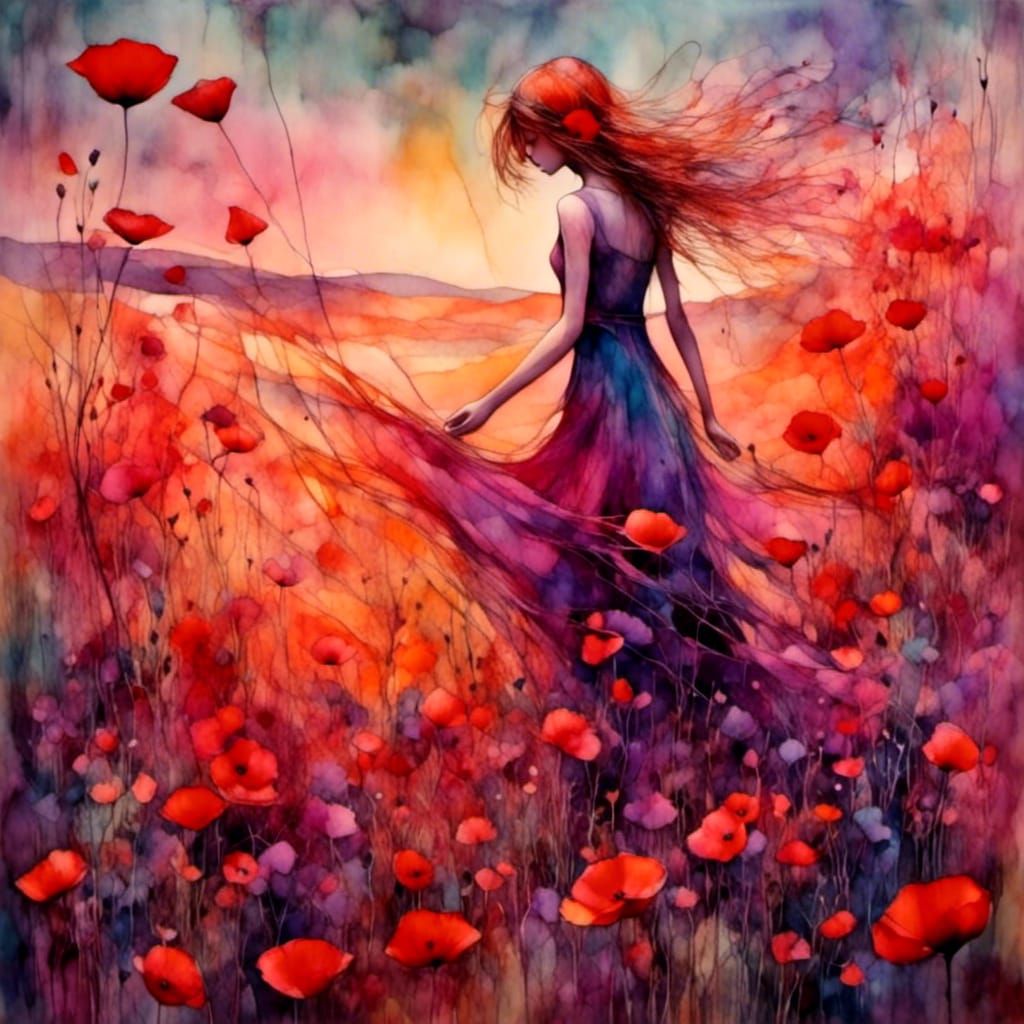 Poppies in Summer Sunset with Liquid Ink Effect