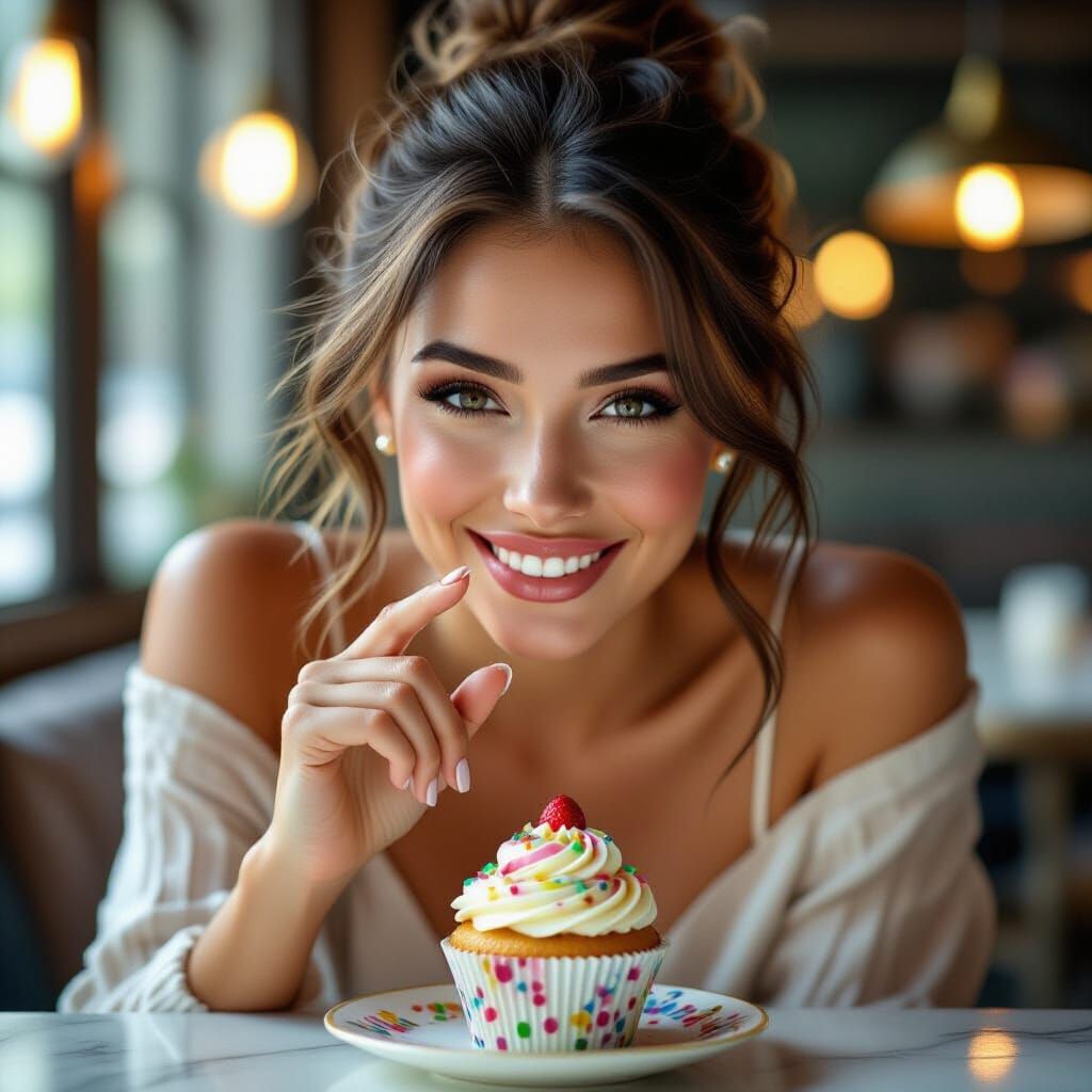 Beautiful Woman Snaps Fingers Holding Colorful Cupcake