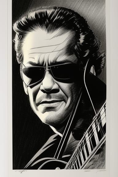 Guitarist in Pencil Sketch Portraits, Film Noir Style