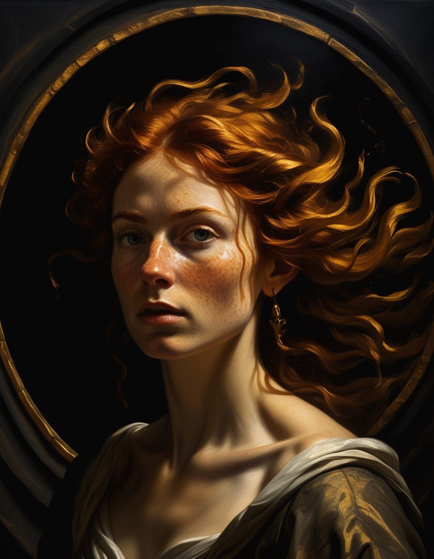 Baroque Elf Woman Before Vortex, Rembrandt Style