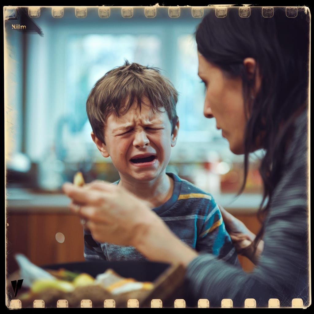 Boy Crying, Mom Comforts Him: Cinematic Still