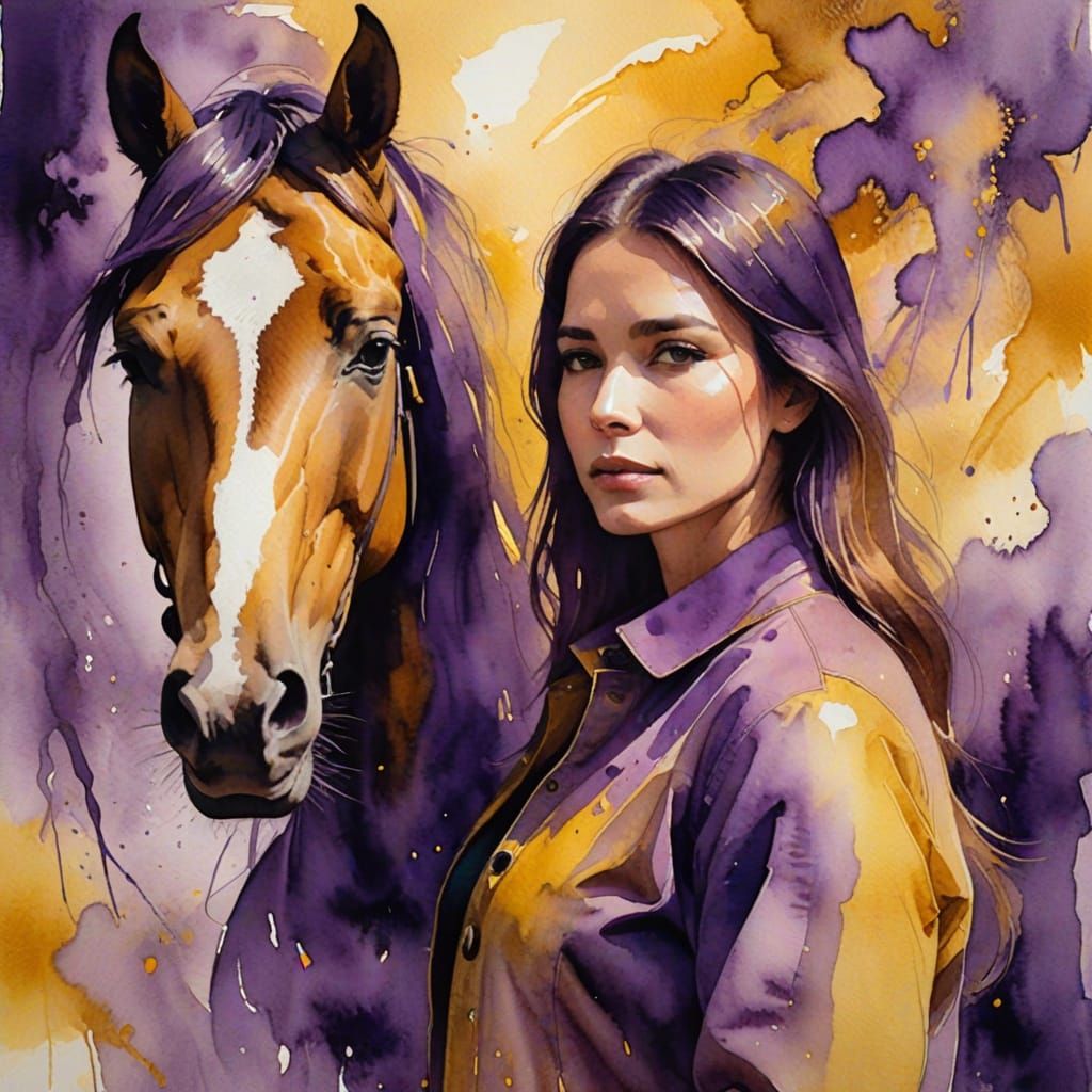 Horse and Woman Portrait in Watercolor Fusion