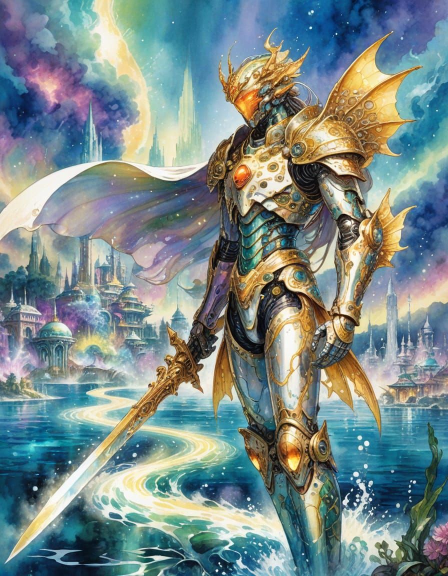 Mecha Merfolk Warrior in Vibrant Underwater City