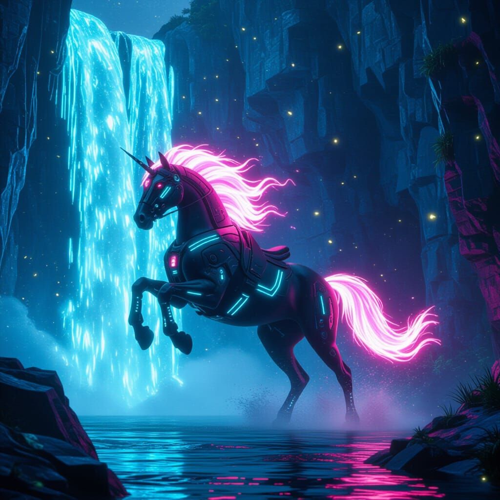 Cyberpunk Horse with Neon Tattoos and Fiery Mane