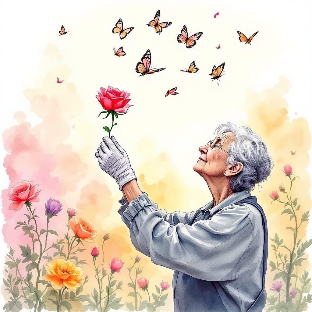 Elderly Gardener Transforms Rose Petal into Watercolor Butte...