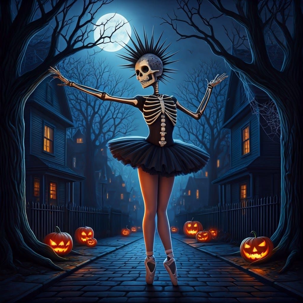Skullhead Ballerina in Spooky Halloween Night Scene