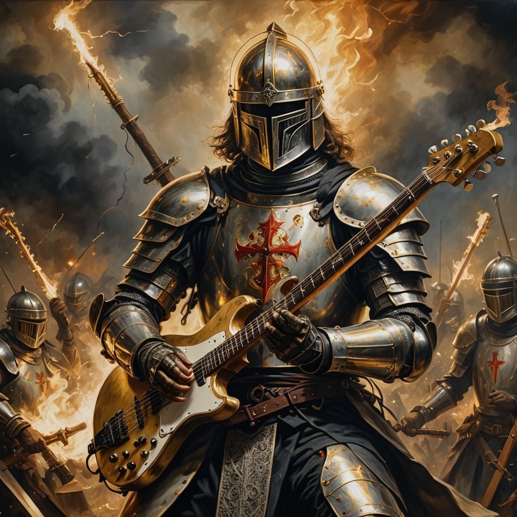 Knight Templar Plays Electric Bass in Renaissance Oil Painti...