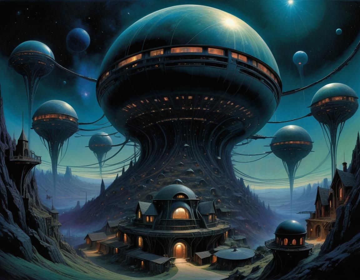 Surreal Dome Village in Space Nebula