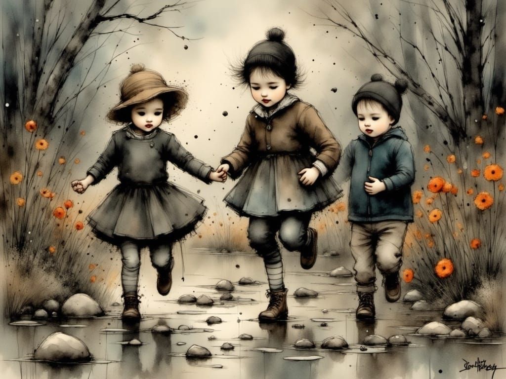 Whimsical Rascals Leap into Evening Puddles in a Fantastical...