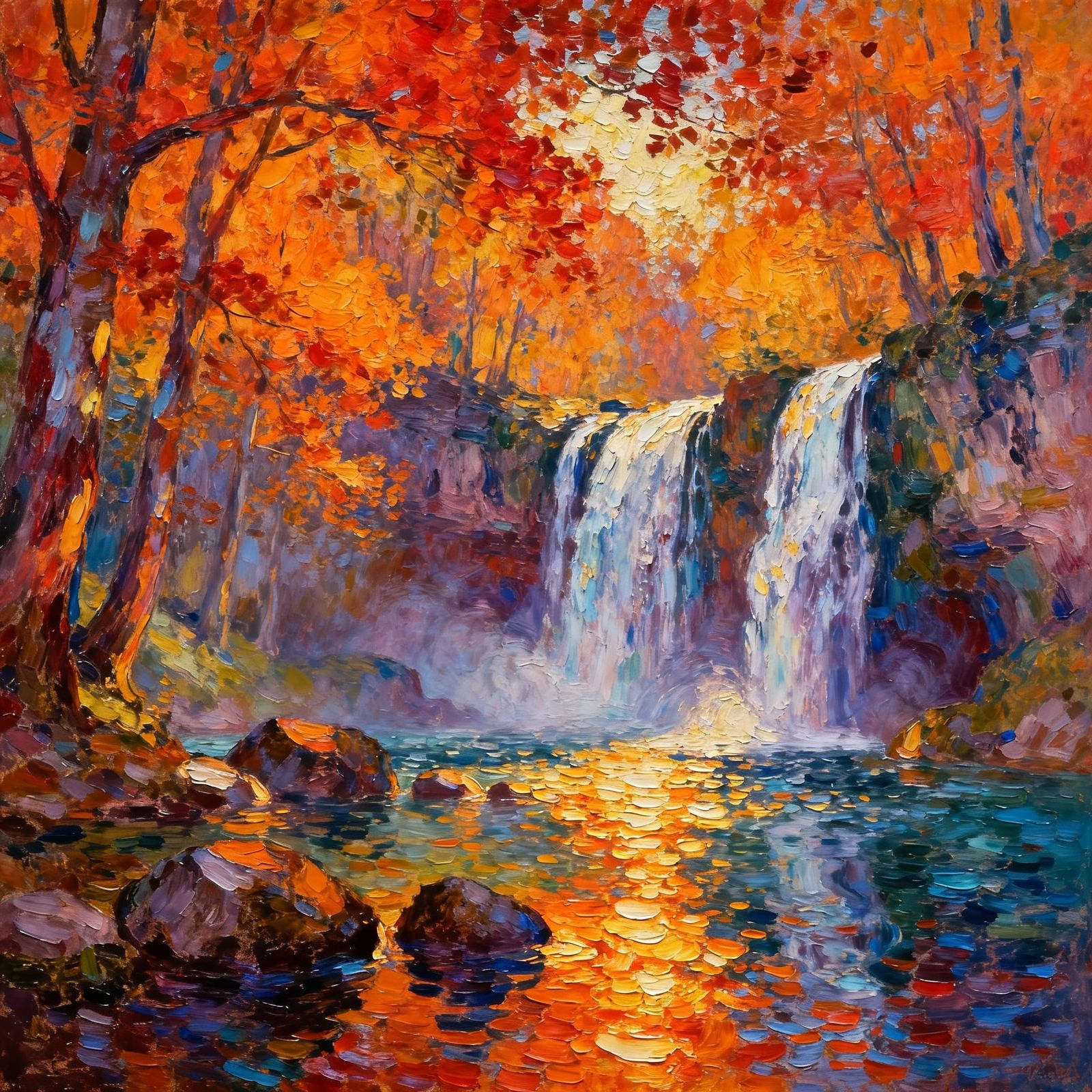 Autumn Waterfall Wonderland in Neo-Impressionist Style