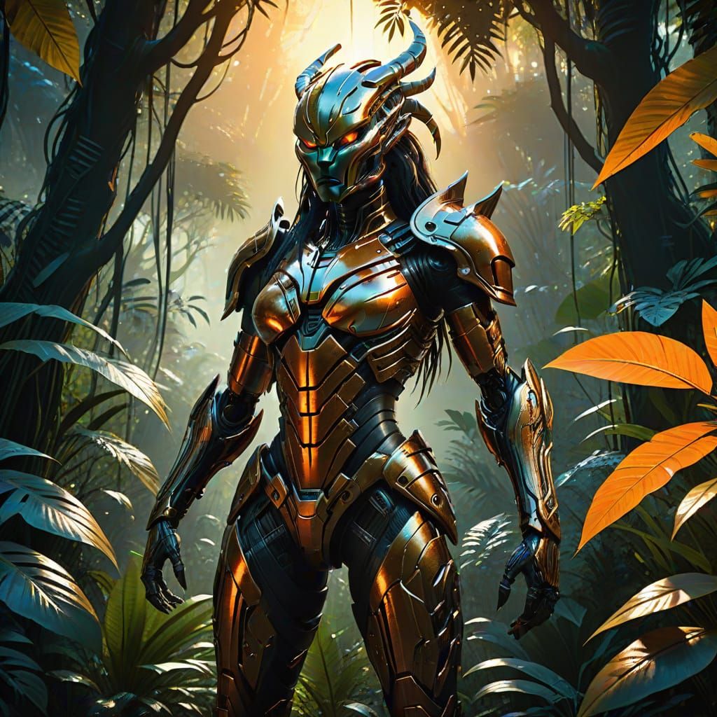 Cybernetic Predator Goddess Embracing Ancient Jungle Power