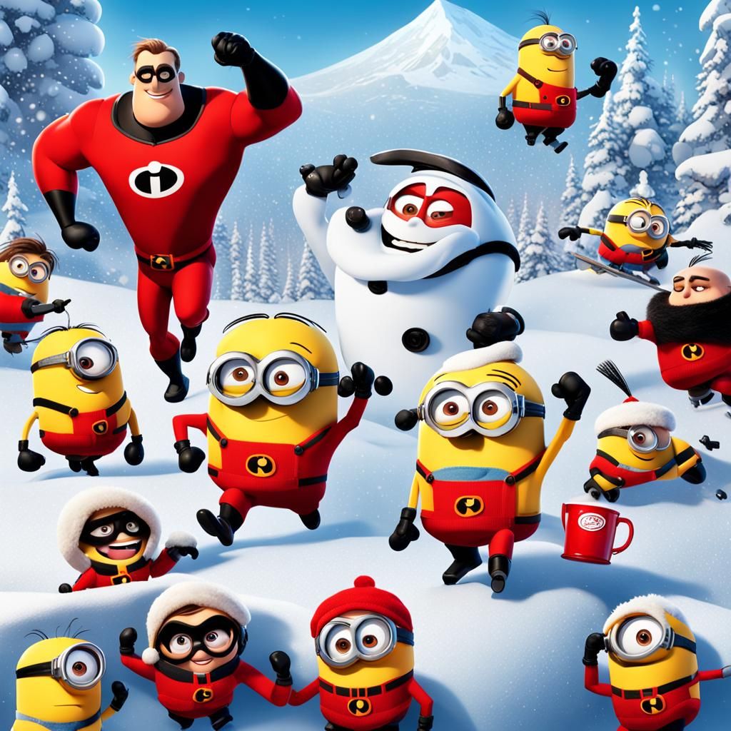 The incredibles and the minions on a winter holiday