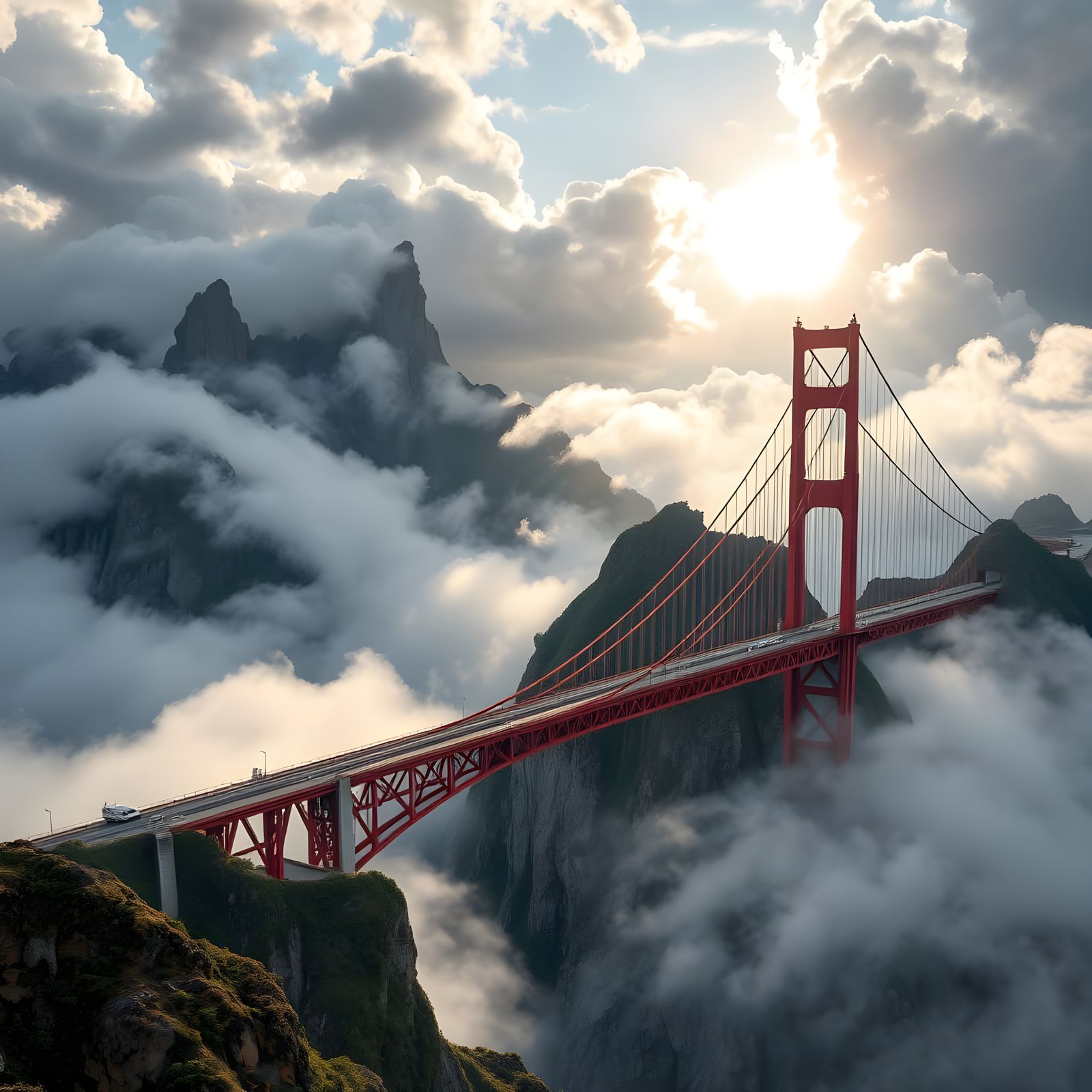 Epic Mountain Landscape with Red Bridge in HDR Style