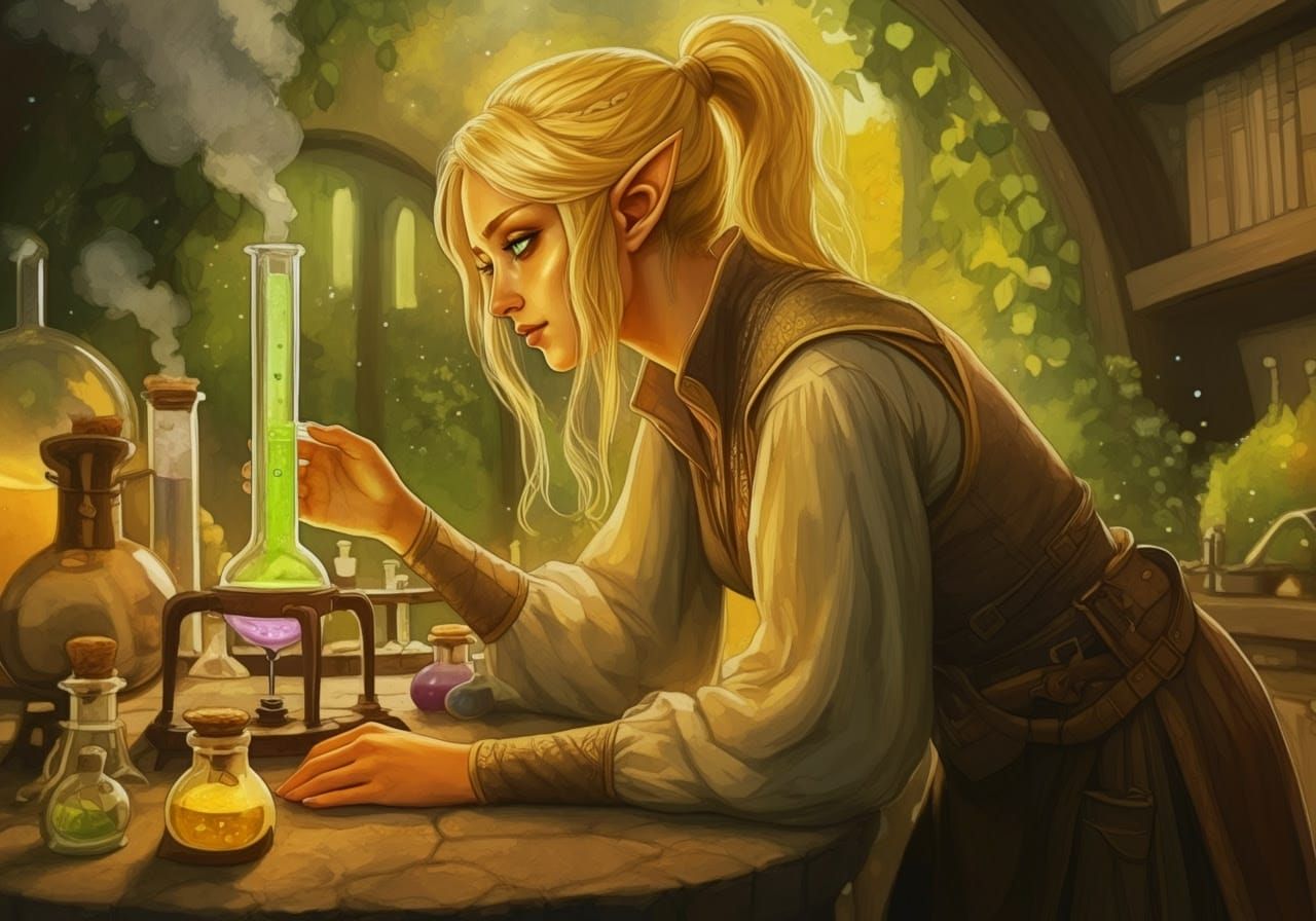 Elven Alchemist in Fantasy Lab: Impressionist Watercolor