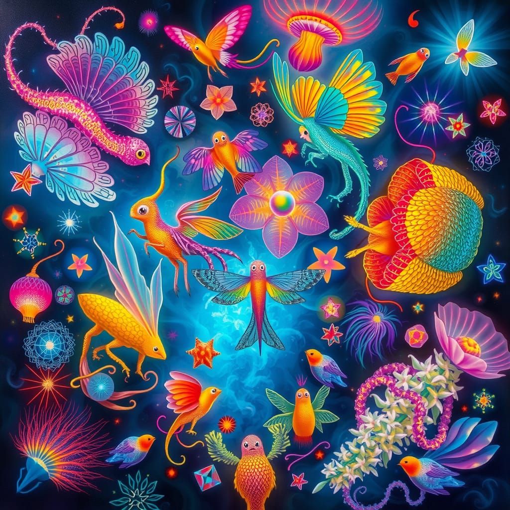 Iridescent Beings Dance in a Glowing, Surreal Biome