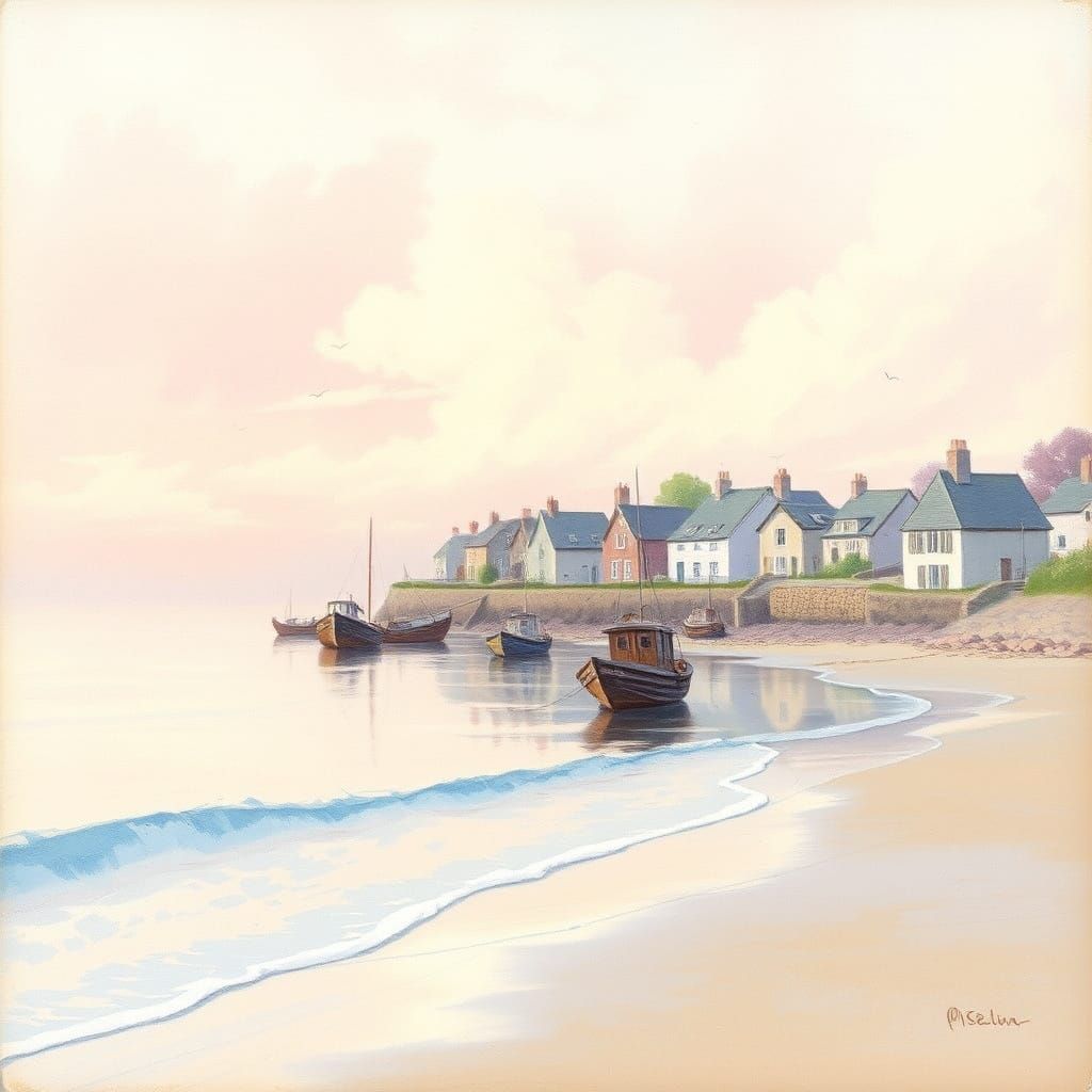Whimsical Fishing Village at Dawn in Soft Pastel Hues