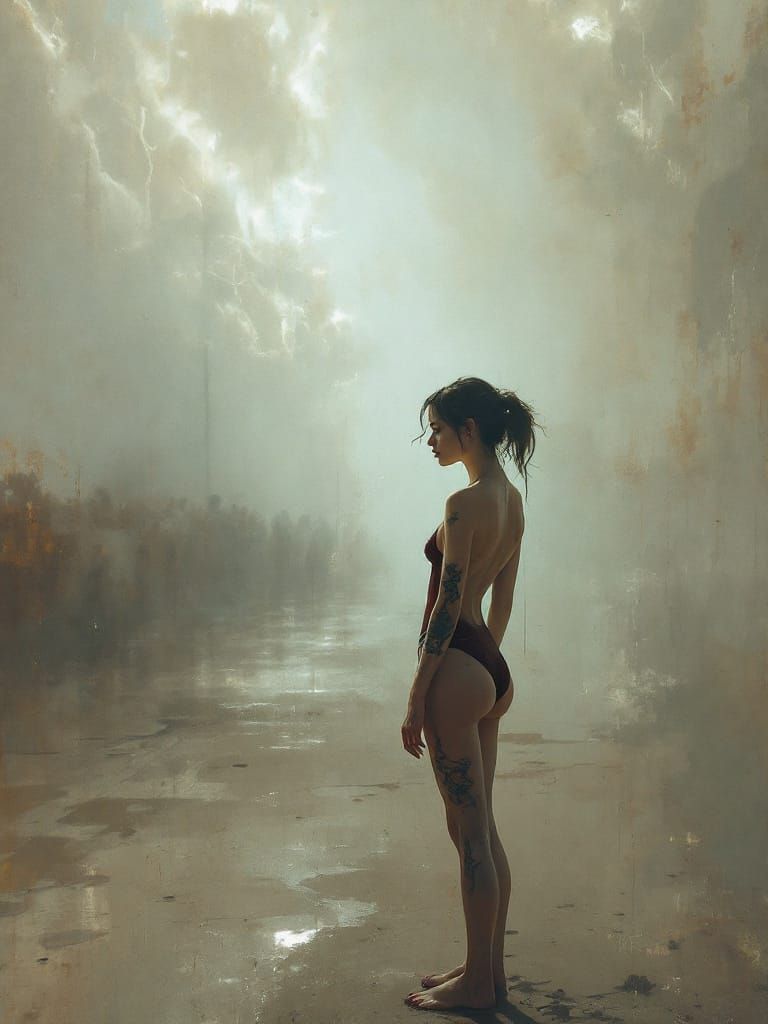 Atmospheric Portrait of Woman on Boardwalk in Fog