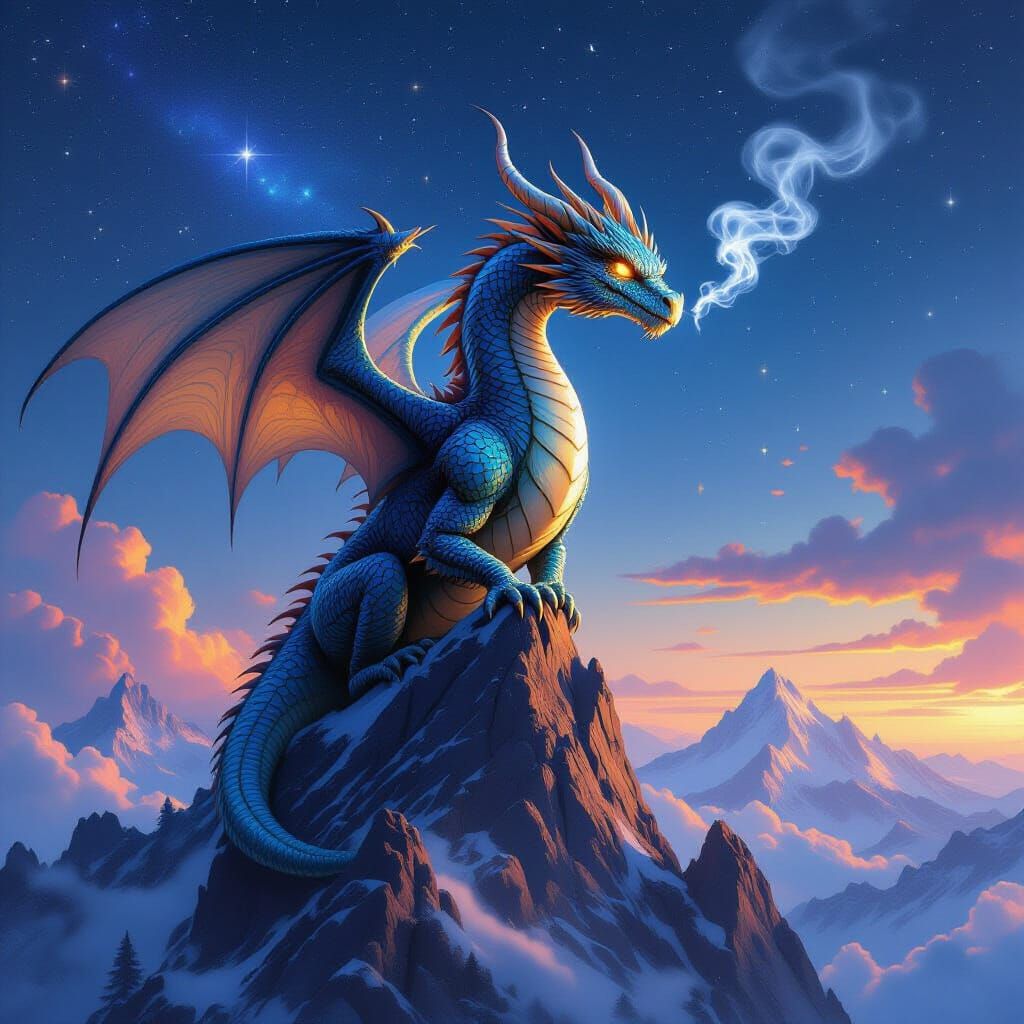 Majestic Dragon on Mountain Peak Under Starry Sky