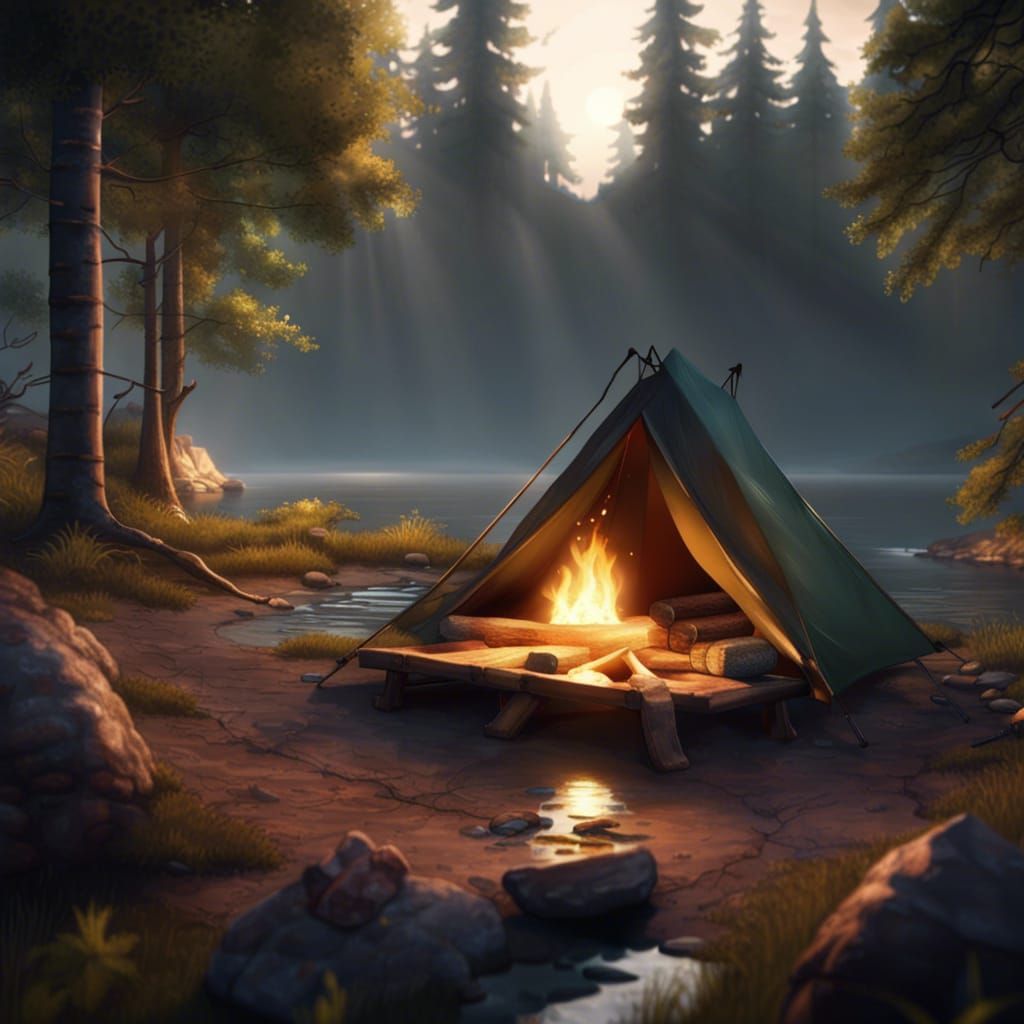 Hyperrealistic Campsite by Quiet Lakeside at Night