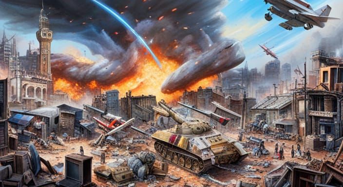 Intense City Battlefield in Mixed Media Style