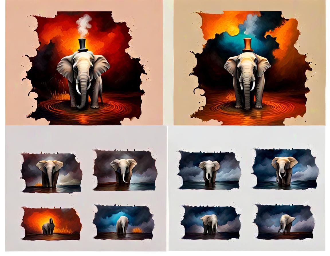 Pierrot Elephant Cooks in Witch Kitchen, Oil Painting