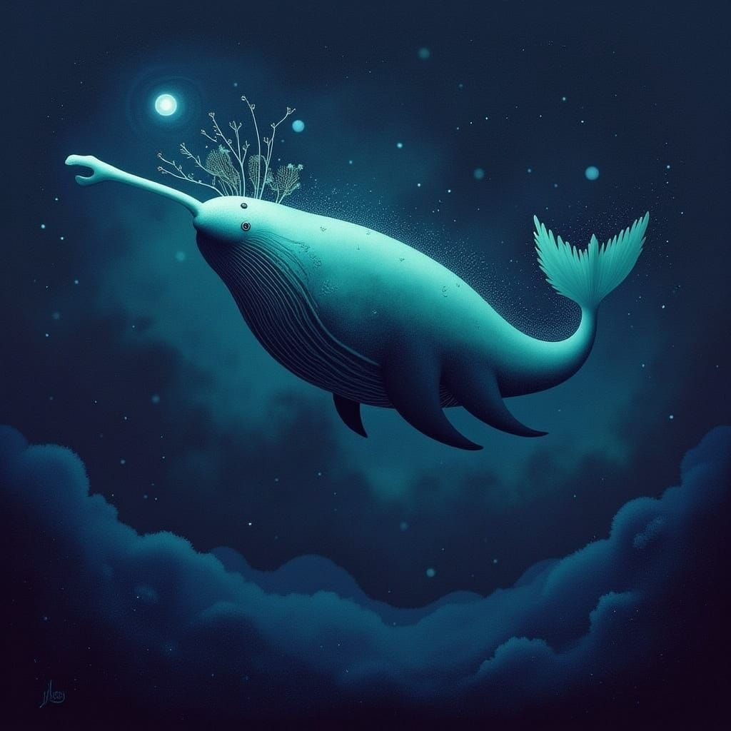 Bioluminescent Whale Drifting Through Cosmic Nebula