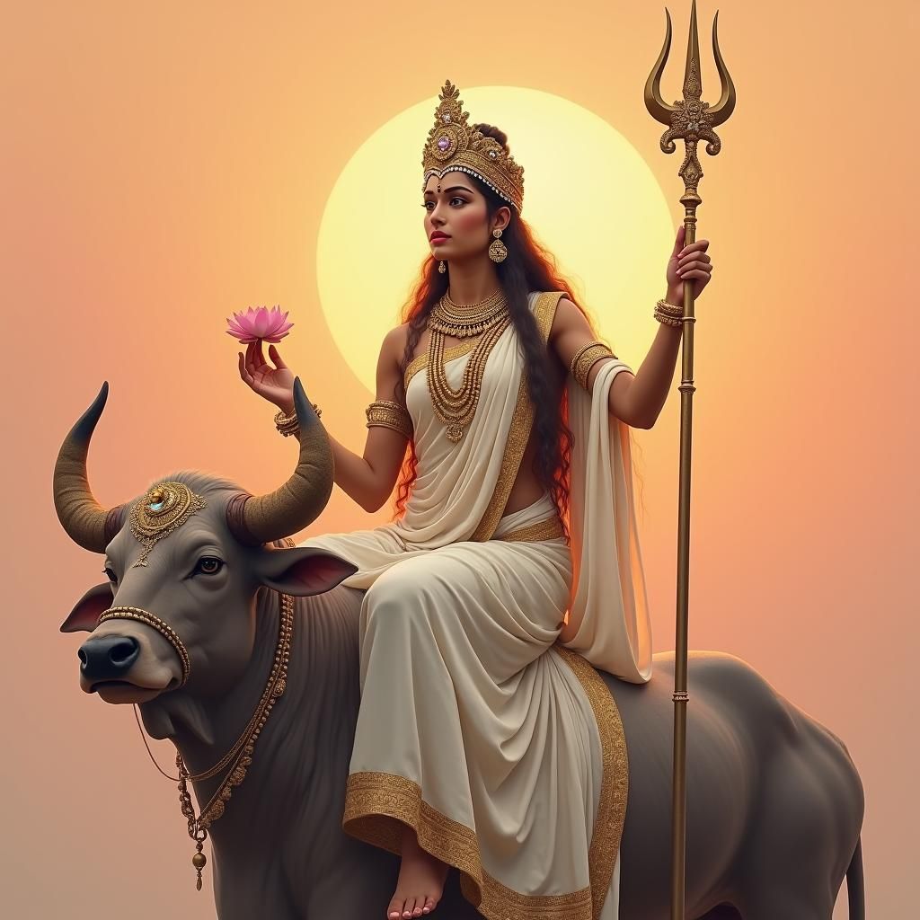 Shailaputri Goddess on Nandi Bull in Dreamy Style