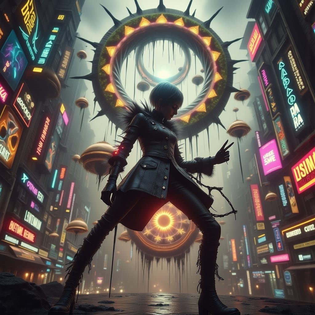 Cyberpunk Cityscape at Night with Neon Lights