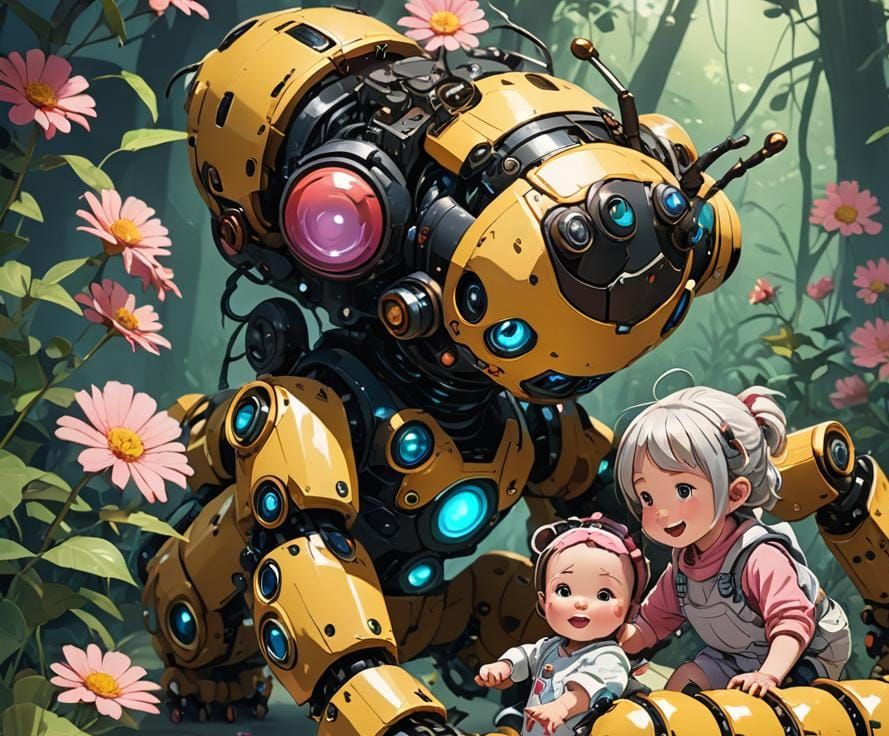Caterpillar Robot Plays with Baby: Anime Style