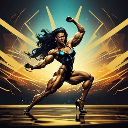 Female Bodybuilder in Golden Hour Light, Dynamic Pose