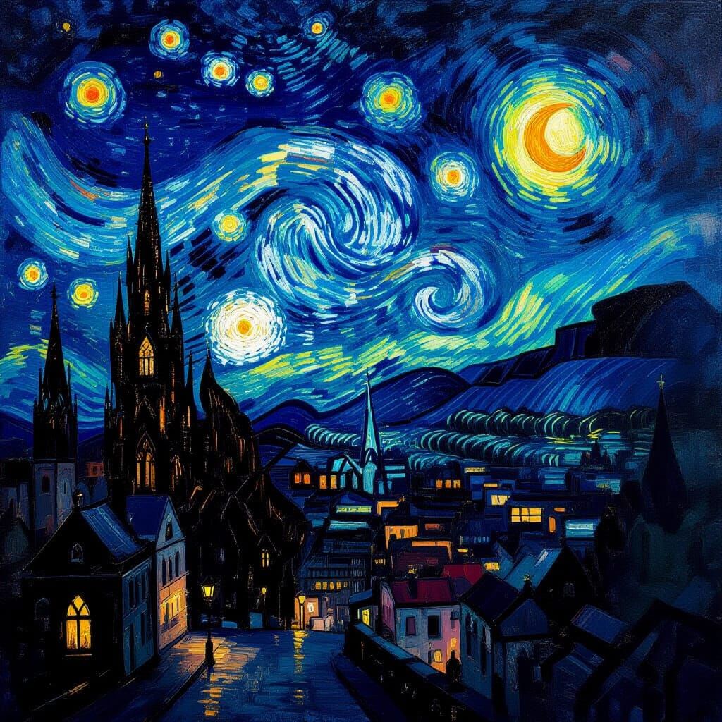 Starry Night Cityscape: Gothic Architecture Under Luminous S...