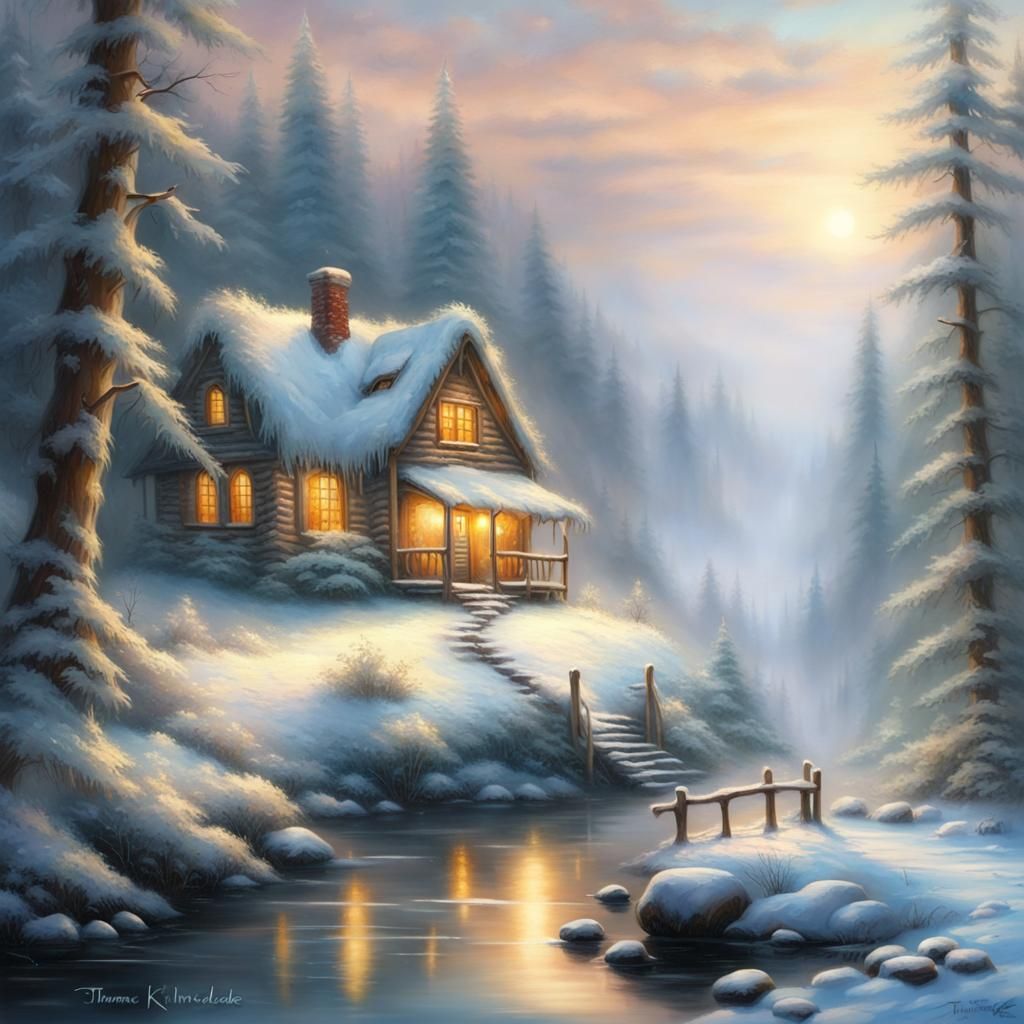 Winter Cabin in Snowy Forest, Kinkade Style