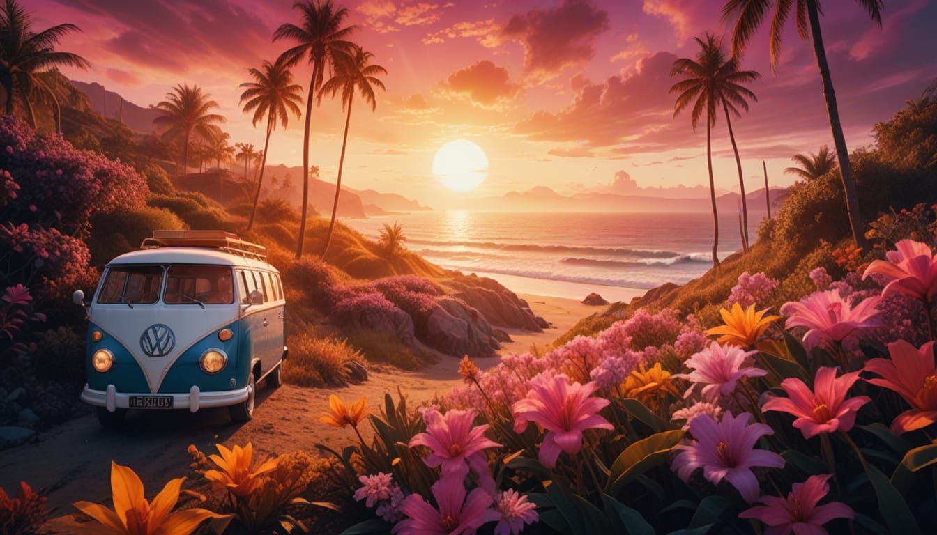 Surreal Tropical Beach Scene in Vibrant Hyper-Realistic Styl...