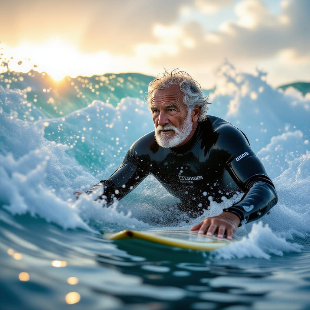 Elderly Surfer Rides a Massive Wave in Cinematic Style