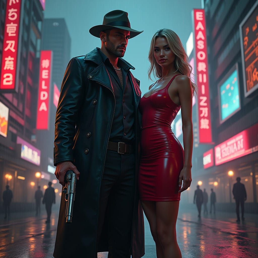 Cyberpunk Detective with Blonde in Neon Metropolis
