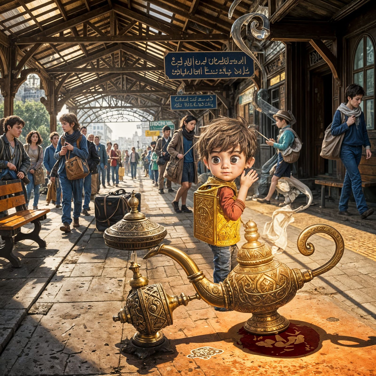 Abandoned Genie's Lamp in Bustling English Village Train Sta...