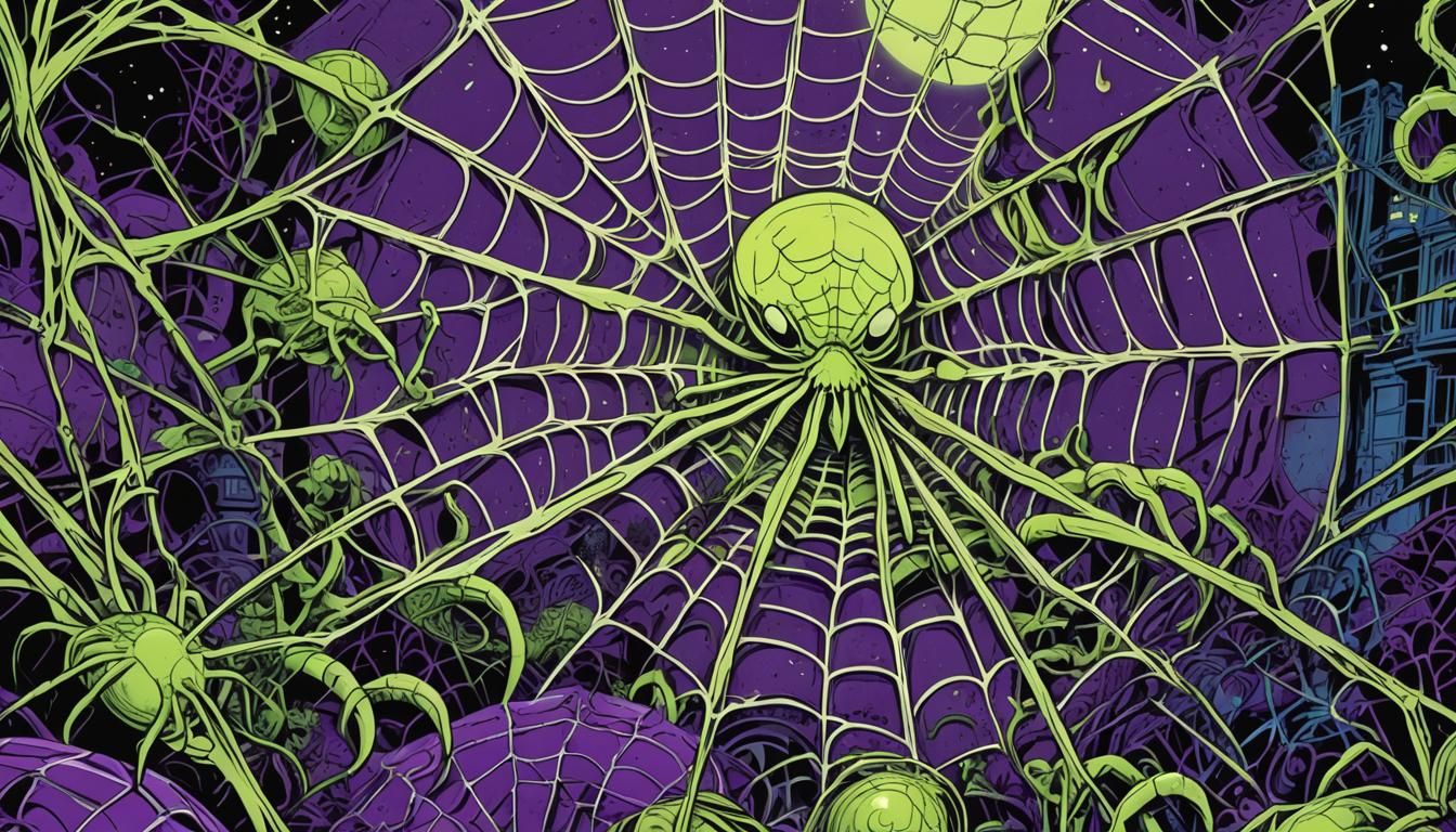Giant Spiders Weaving Webs in Neon Noir Comic Art