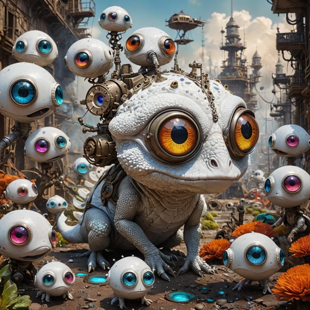 Steampunk Marketplace with Bioluminescent Peacocks and Googl...