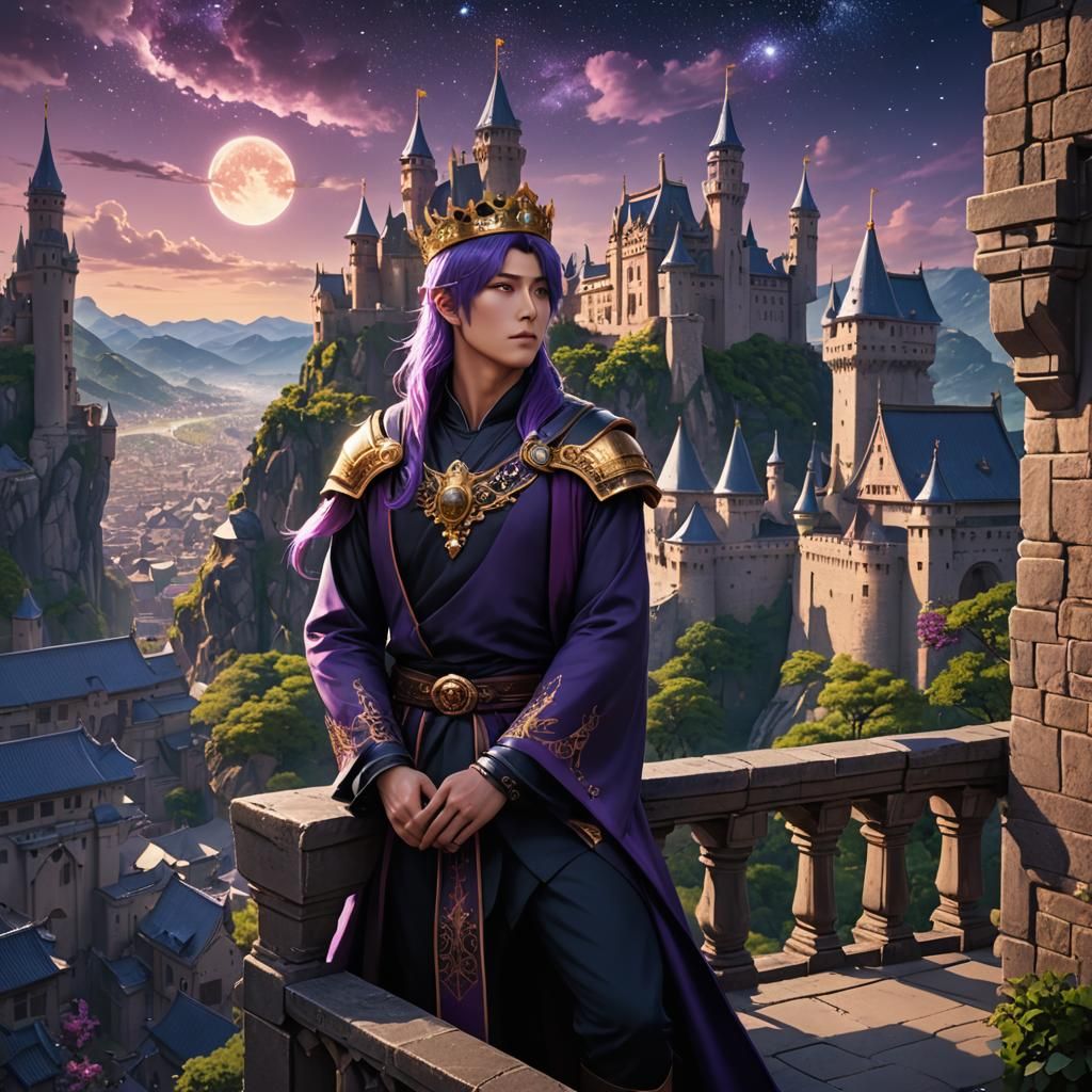 Melancholy Anime Man on Balcony Under Starry Sky