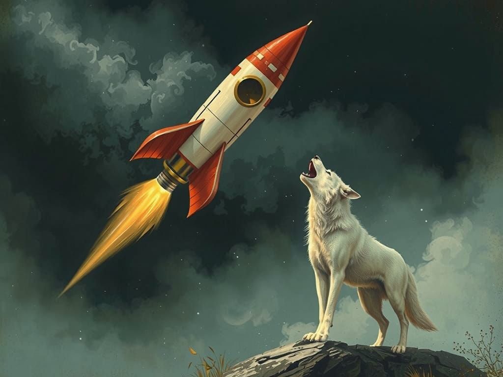 Retro Rocket Launch with White Wolf in Storybook Style