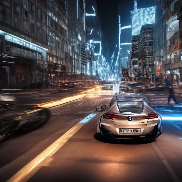 Futuristic BMW R8 in Hyperrealistic Cityscape