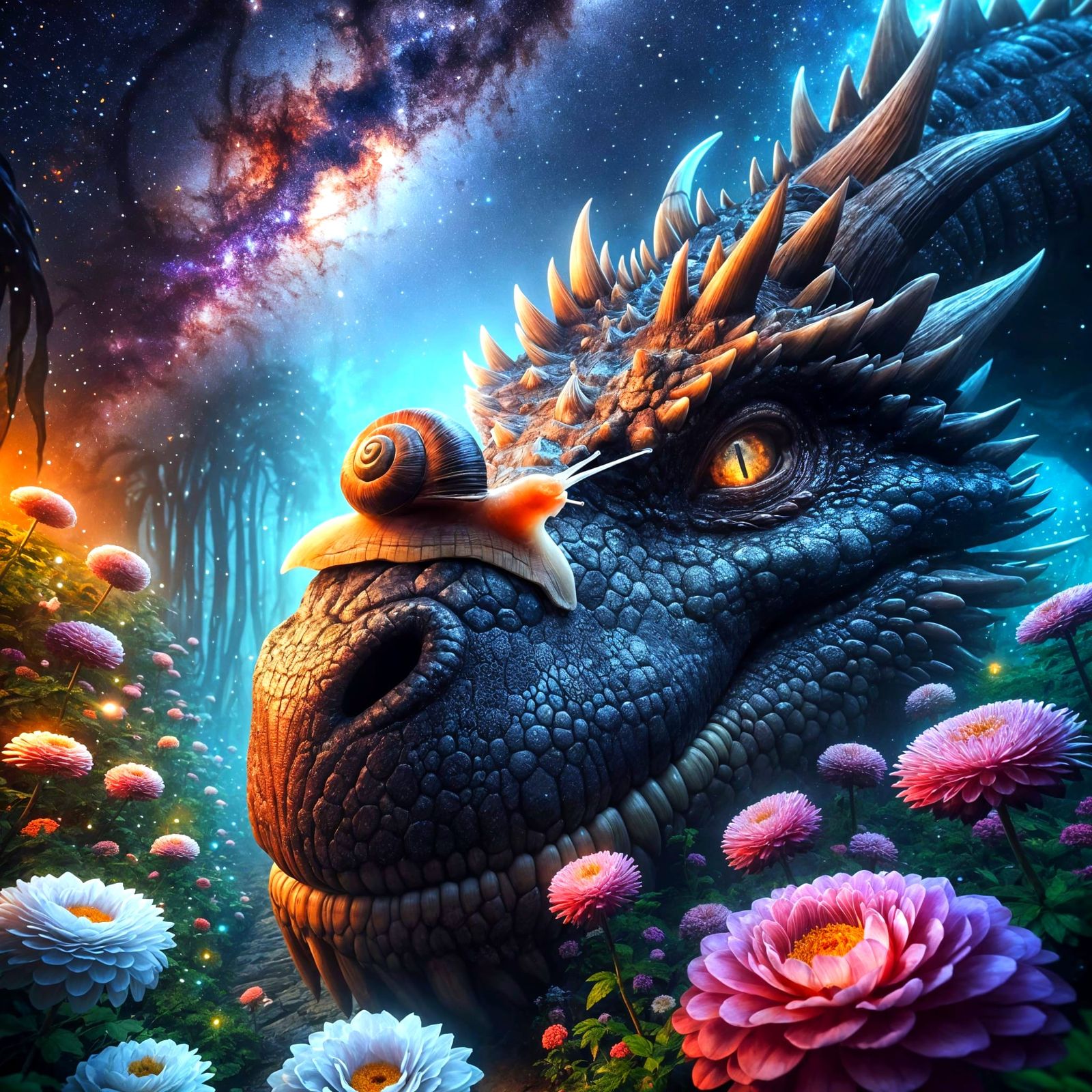 Dragon and Snail in Space: Hyperrealistic Art