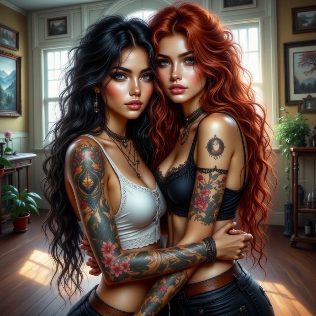 Anime Women Embrace in Cyberpunk Interior